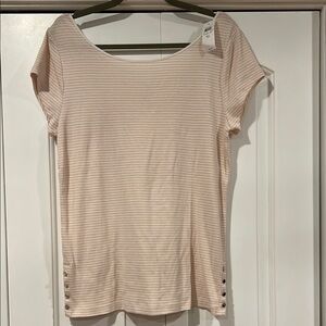 Ann Taylor blush and white T-Shirt‎ with gold button accents XL